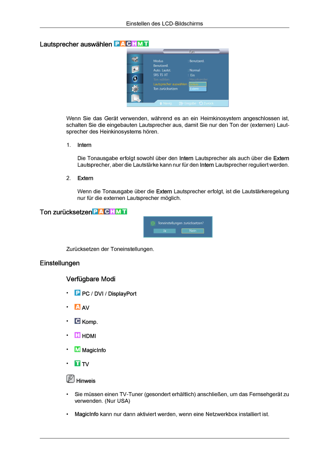 Samsung LH55CSPLBC/EN manual Lautsprecher auswählen, Ton zurücksetzen, Einstellungen Verfügbare Modi, Intern, Extern 