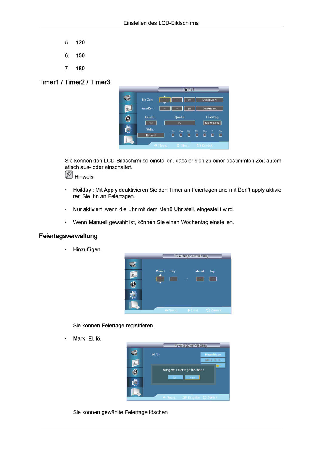 Samsung LH55CSPLBC/EN manual Timer1 / Timer2 / Timer3, Feiertagsverwaltung, Hinzufügen, Mark. El. lö 