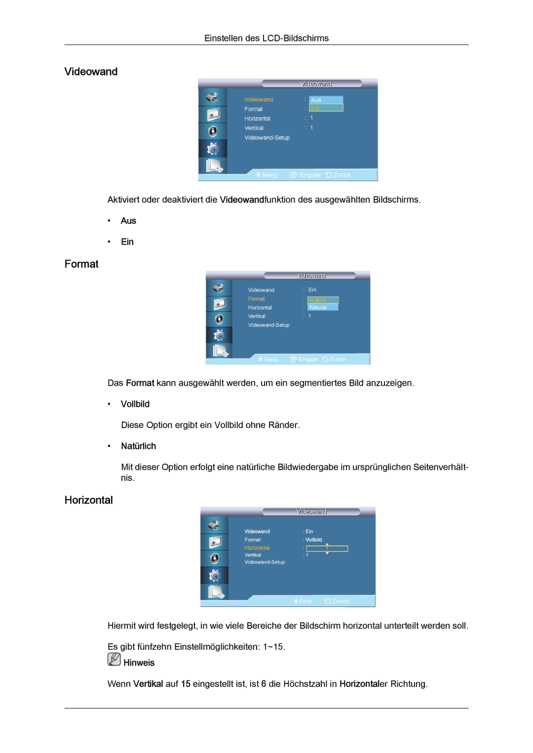 Samsung LH55CSPLBC/EN manual Horizontal, Vollbild 