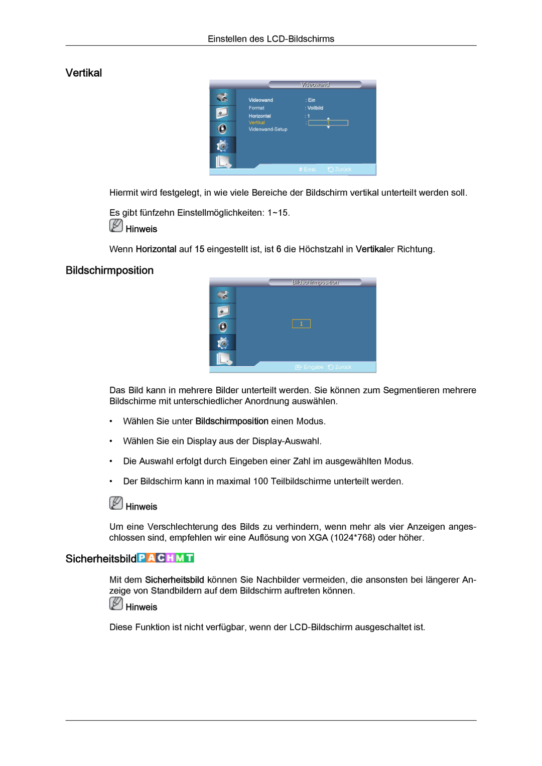 Samsung LH55CSPLBC/EN manual Vertikal, Bildschirmposition, Sicherheitsbild 