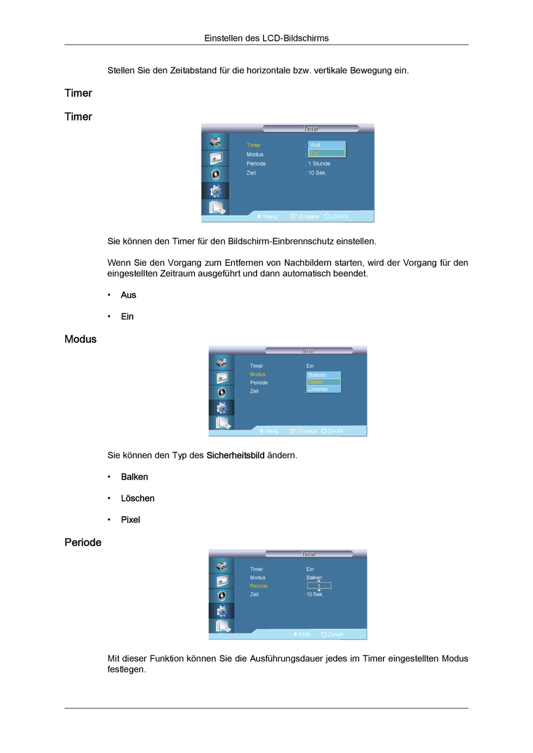 Samsung LH55CSPLBC/EN manual Timer, Periode, Balken Löschen Pixel 