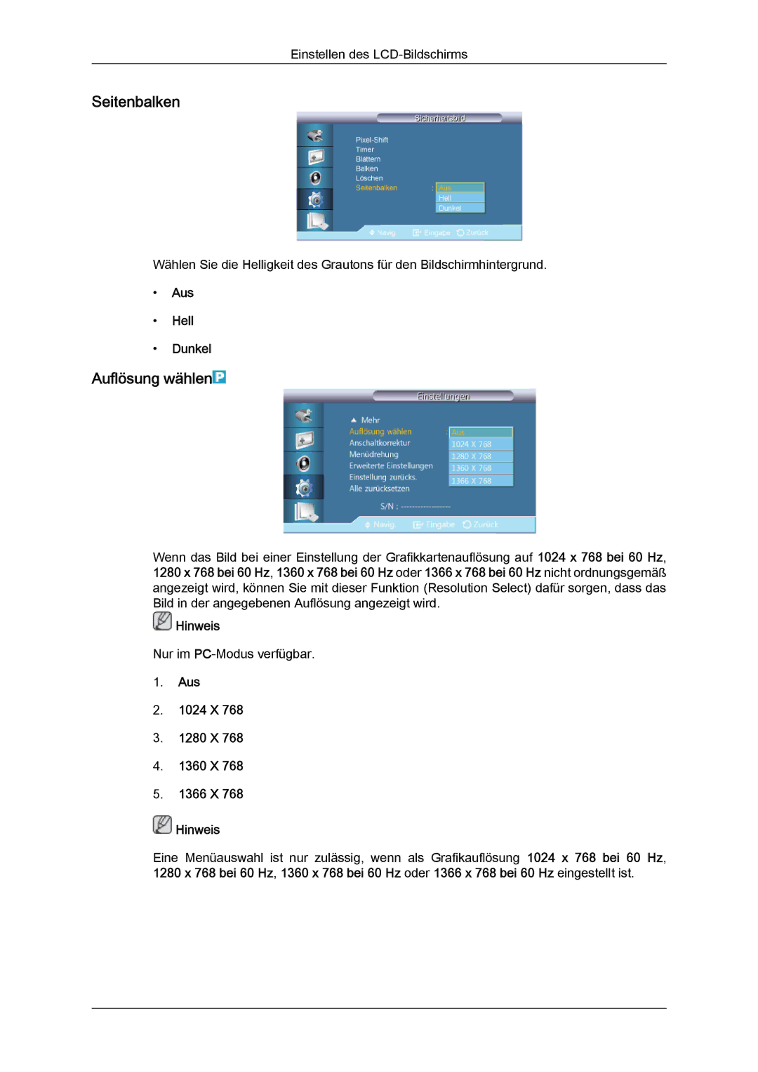 Samsung LH55CSPLBC/EN manual Seitenbalken, Auflösung wählen, Aus Hell Dunkel, Aus 1024 X 1280 X 1360 X 1366 X Hinweis 