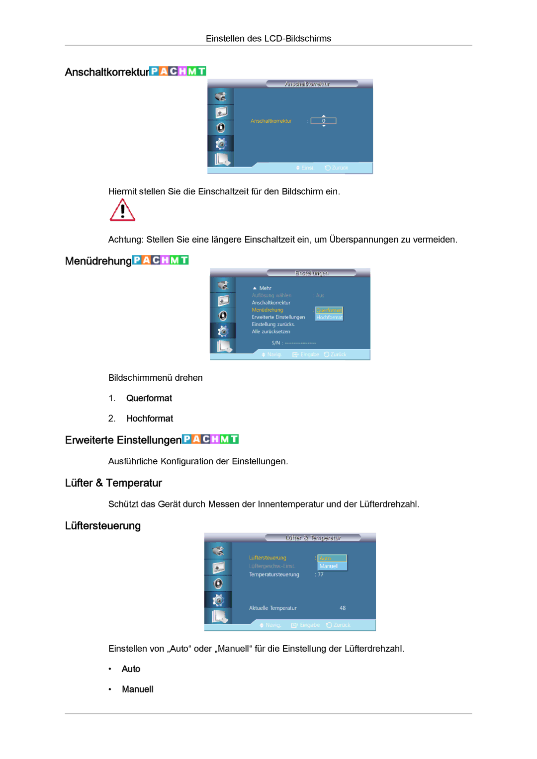 Samsung LH55CSPLBC/EN manual Anschaltkorrektur, Menüdrehung, Erweiterte Einstellungen, Lüfter & Temperatur, Lüftersteuerung 