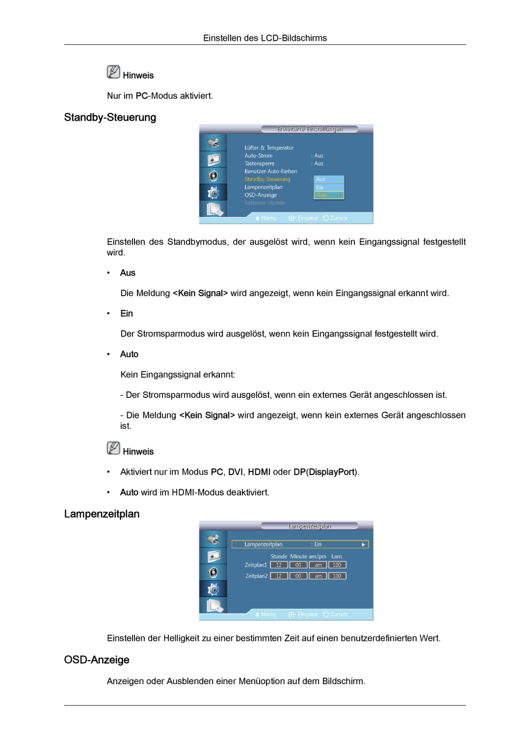 Samsung LH55CSPLBC/EN manual Standby-Steuerung, Lampenzeitplan, OSD-Anzeige, Auto 