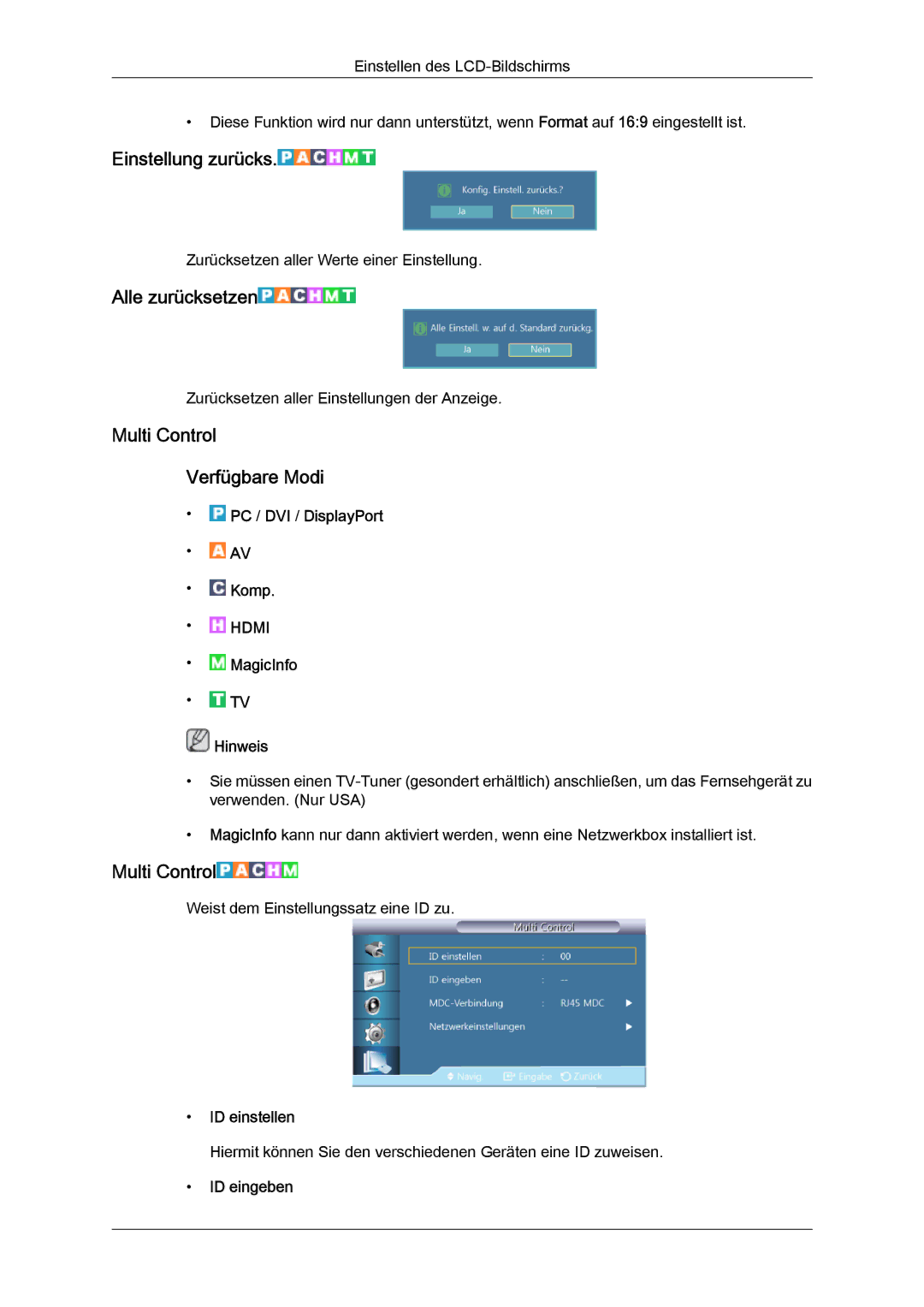 Samsung LH55CSPLBC/EN manual Einstellung zurücks, Alle zurücksetzen, Multi Control Verfügbare Modi 