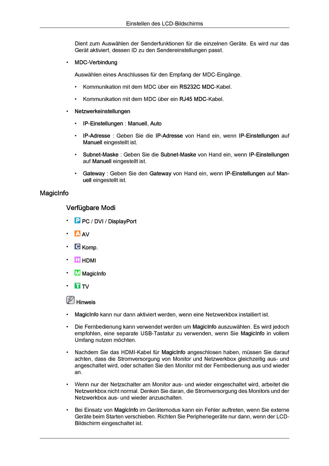 Samsung LH55CSPLBC/EN manual MagicInfo Verfügbare Modi, MDC-Verbindung 