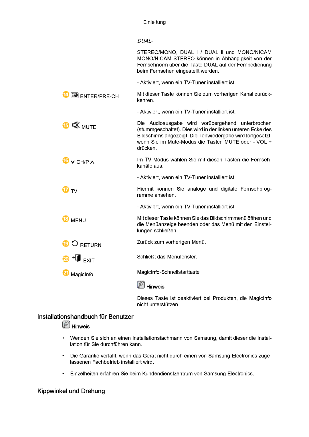 Samsung LH55CSPLBC/EN manual Installationshandbuch für Benutzer, Kippwinkel und Drehung 