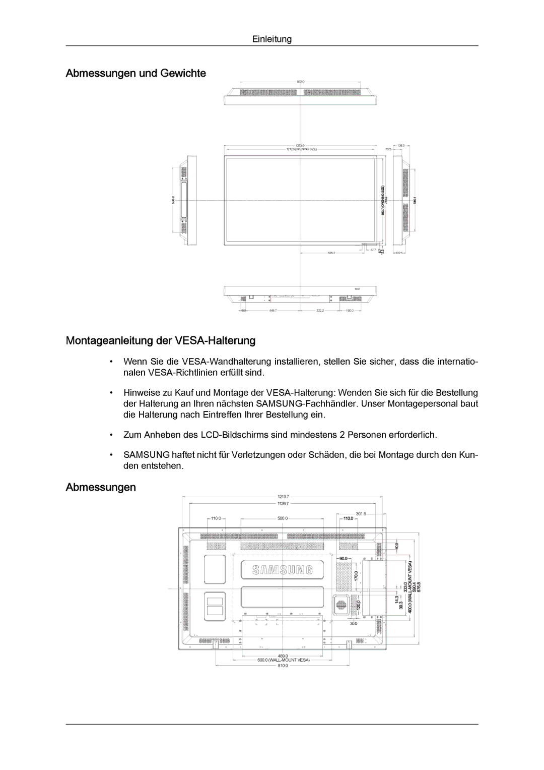 Samsung LH55CSPLBC/EN manual Abmessungen und Gewichte Montageanleitung der VESA-Halterung 