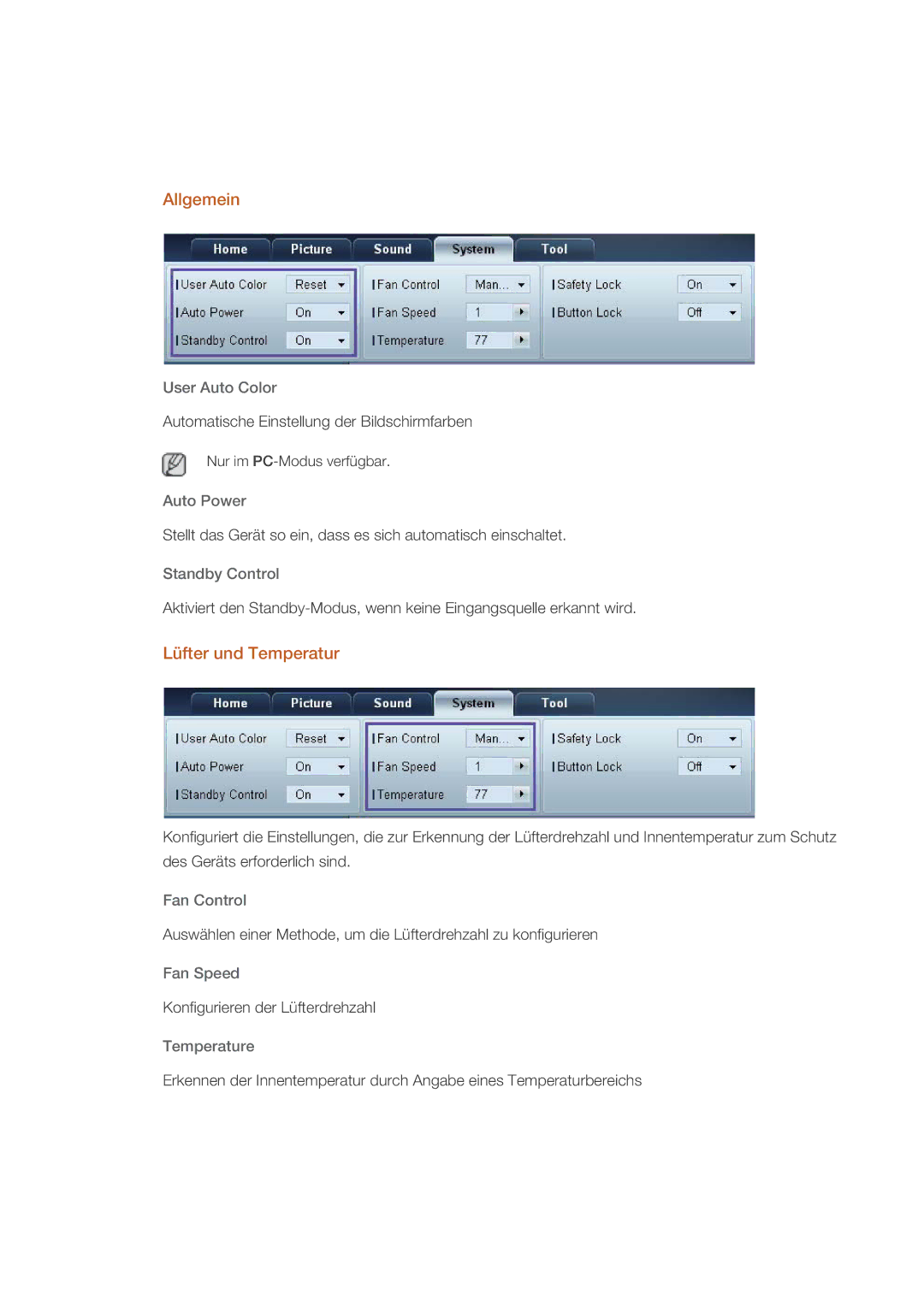 Samsung LH55CSPLBC/EN manual Allgemein, Lüfter und Temperatur 