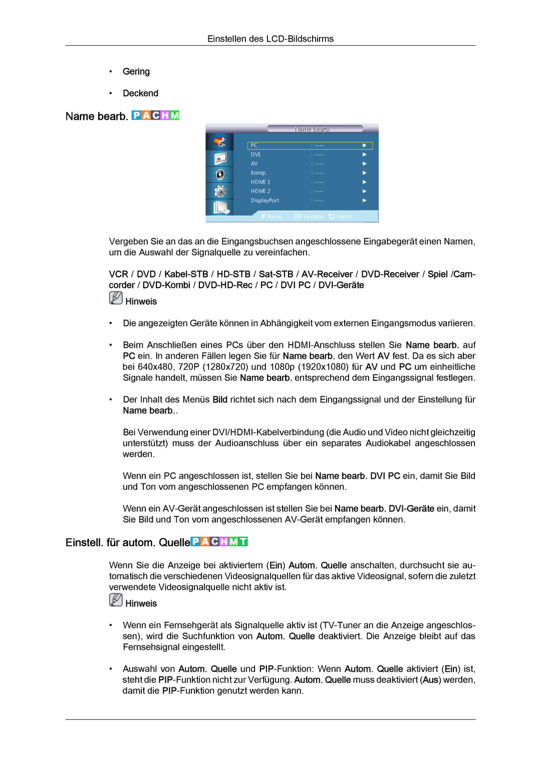 Samsung LH55CSPLBC/EN manual Name bearb, Einstell. für autom. Quelle, Gering Deckend 