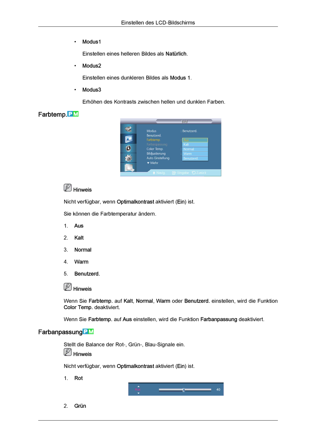 Samsung LH55CSPLBC/EN manual Farbtemp, Farbanpassung 