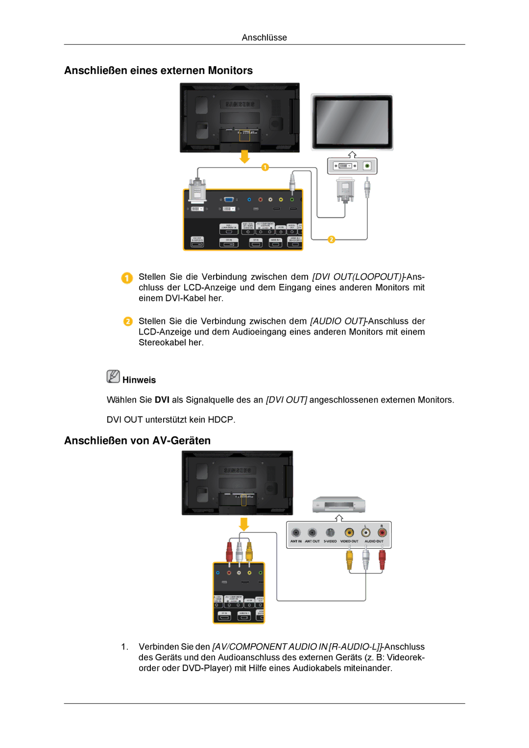 Samsung LH55CSPLBC/EN manual Anschließen eines externen Monitors, Anschließen von AV-Geräten 