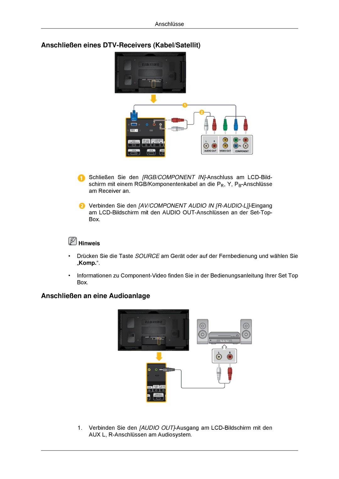 Samsung LH55CSPLBC/EN manual Anschließen eines DTV-Receivers Kabel/Satellit, Anschließen an eine Audioanlage 