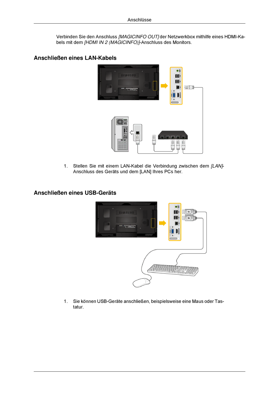 Samsung LH55CSPLBC/EN manual Anschließen eines LAN-Kabels, Anschließen eines USB-Geräts 