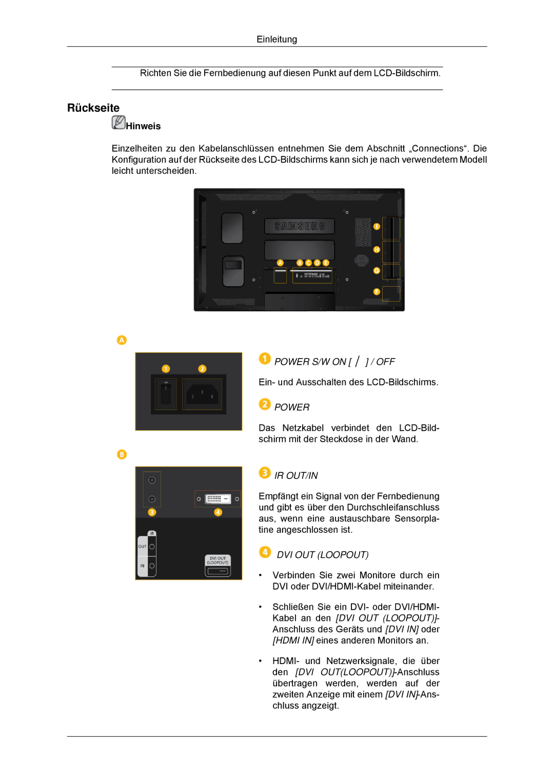 Samsung LH55CSPLBC/EN manual Rückseite, Power, Ir Out/In, DVI OUT Loopout 