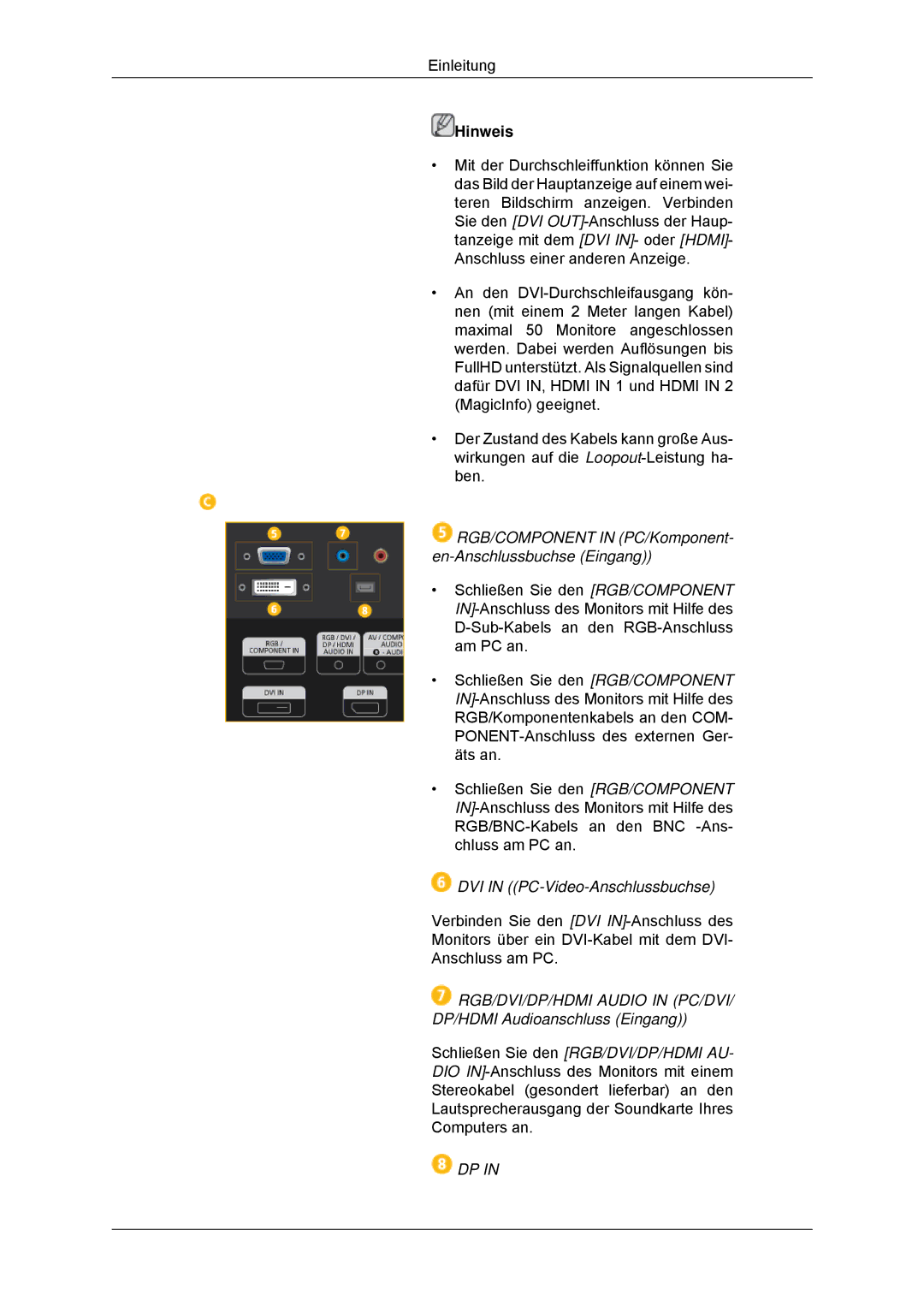 Samsung LH55CSPLBC/EN manual RGB/COMPONENT in PC/Komponent- en-Anschlussbuchse Eingang 