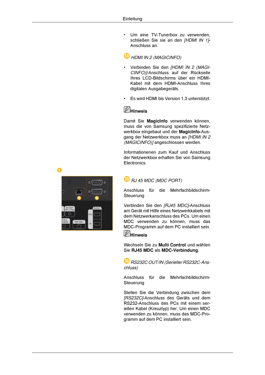 Samsung LH55CSPLBC/EN manual Hdmi in 2 Magicinfo, RJ 45 MDC MDC Port 