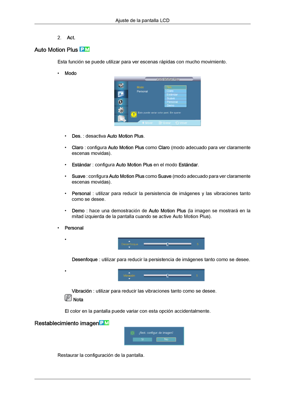 Samsung LH55CSPLBC/EN manual Restablecimiento imagen, Modo Des. desactiva Auto Motion Plus 