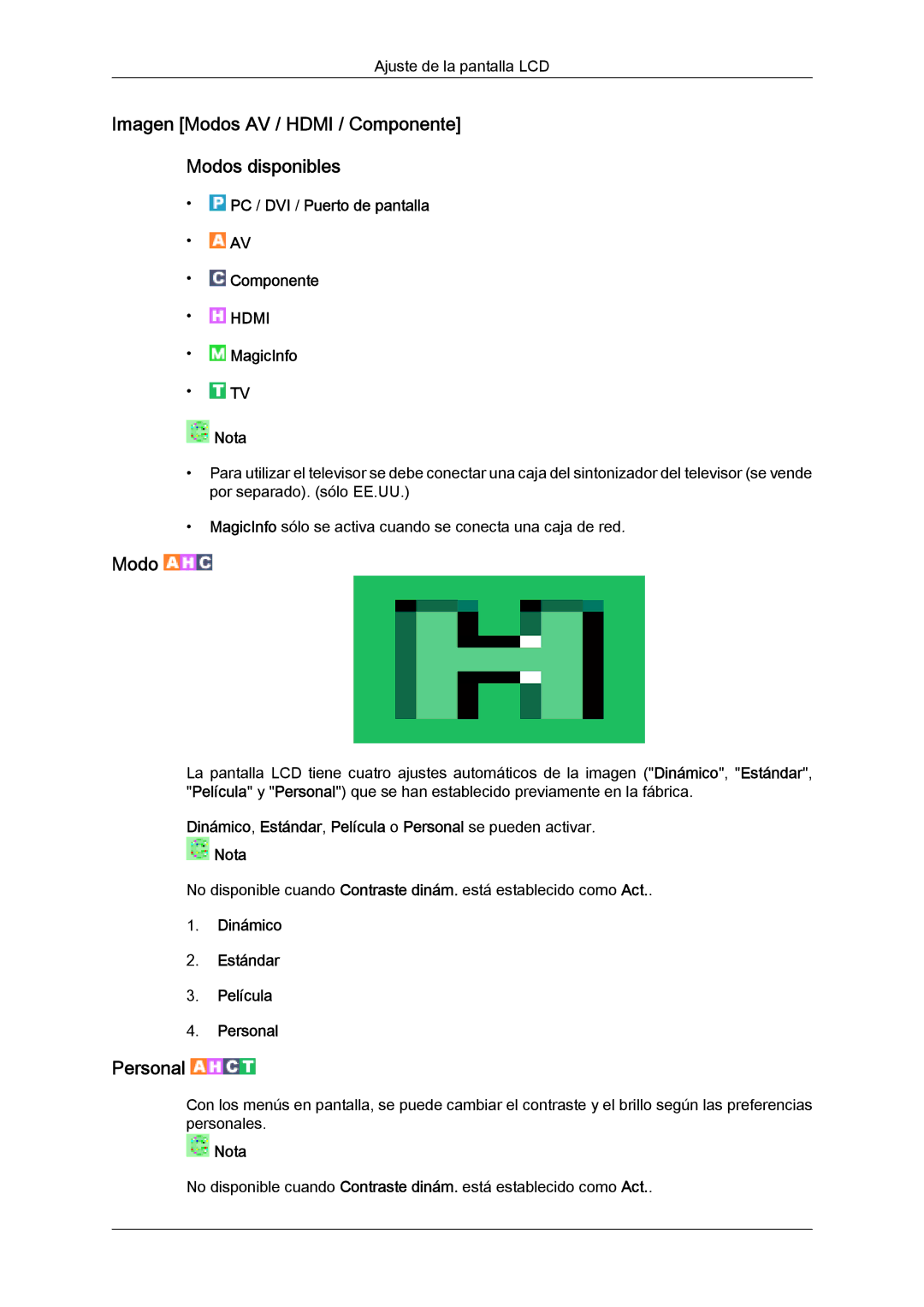 Samsung LH55CSPLBC/EN manual Imagen Modos AV / Hdmi / Componente Modos disponibles, Dinámico Estándar Película Personal 
