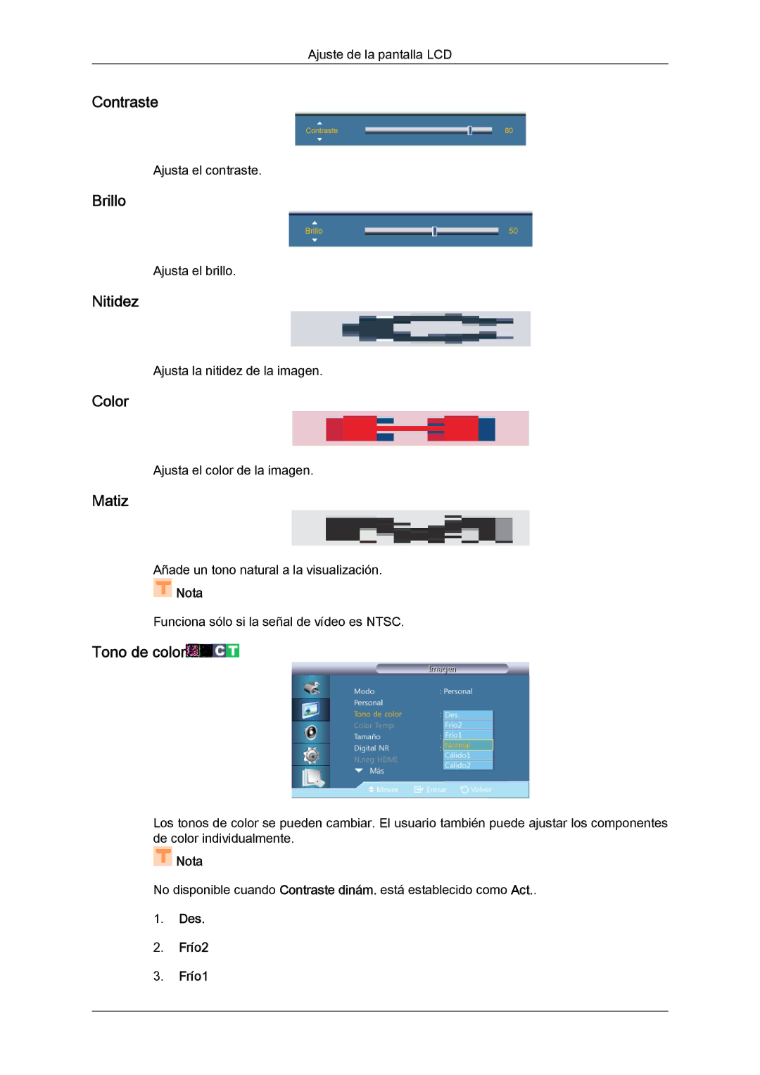 Samsung LH55CSPLBC/EN manual Contraste, Brillo, Nitidez, Color, Matiz 