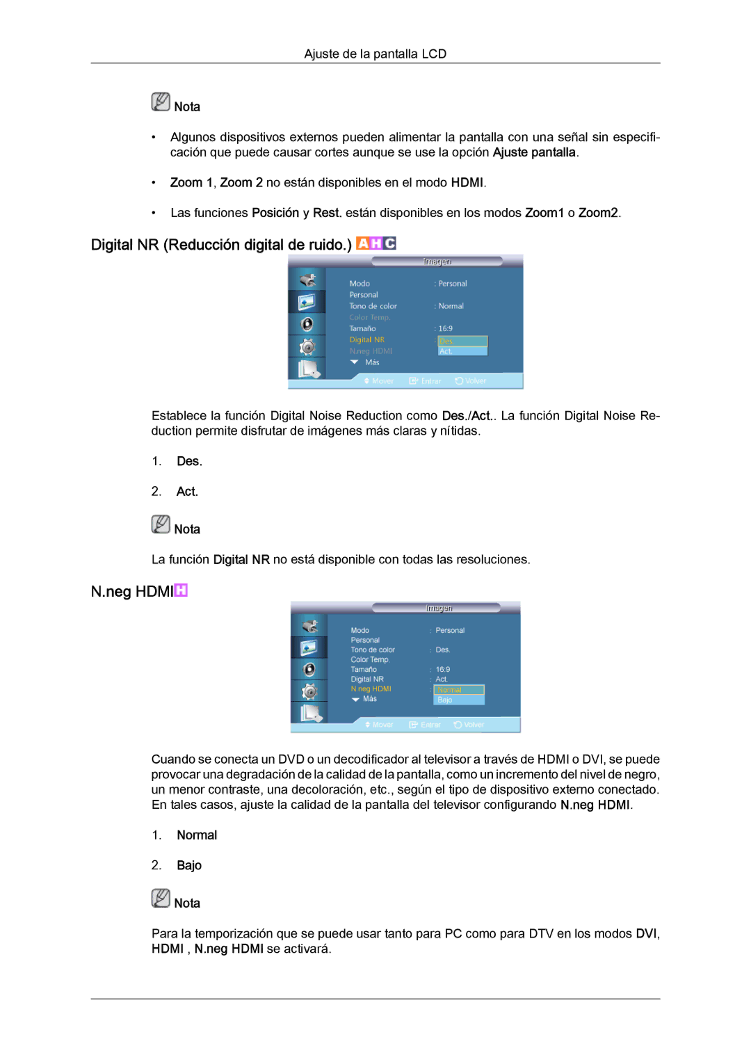 Samsung LH55CSPLBC/EN manual Digital NR Reducción digital de ruido, Neg Hdmi, Normal Bajo Nota 