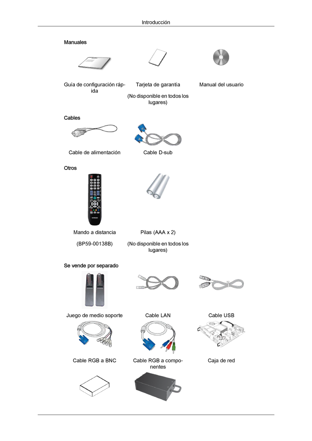 Samsung LH55CSPLBC/EN manual Manuales, Cables, Otros, Se vende por separado 