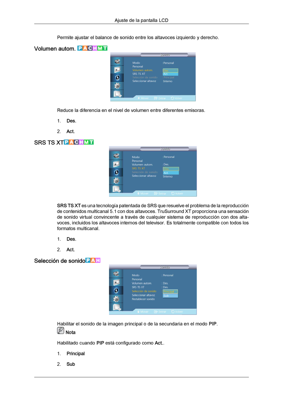 Samsung LH55CSPLBC/EN manual Volumen autom, Selección de sonido, Principal Sub 