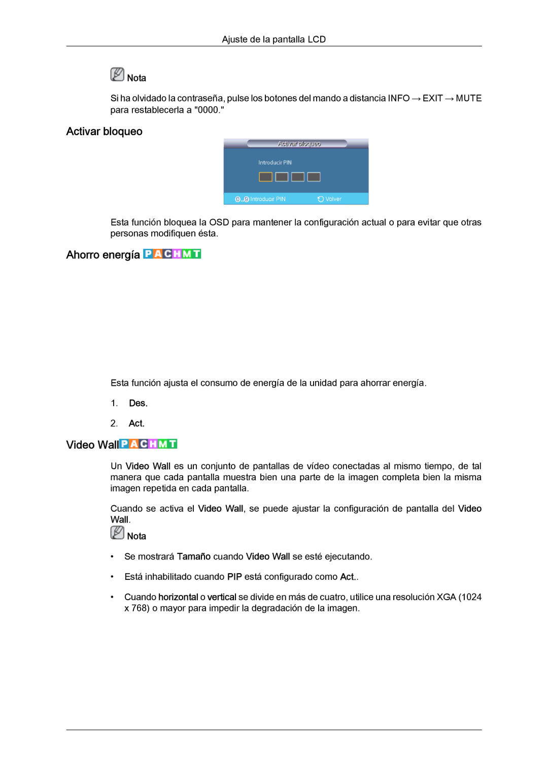 Samsung LH55CSPLBC/EN manual Activar bloqueo, Ahorro energía, Video Wall 