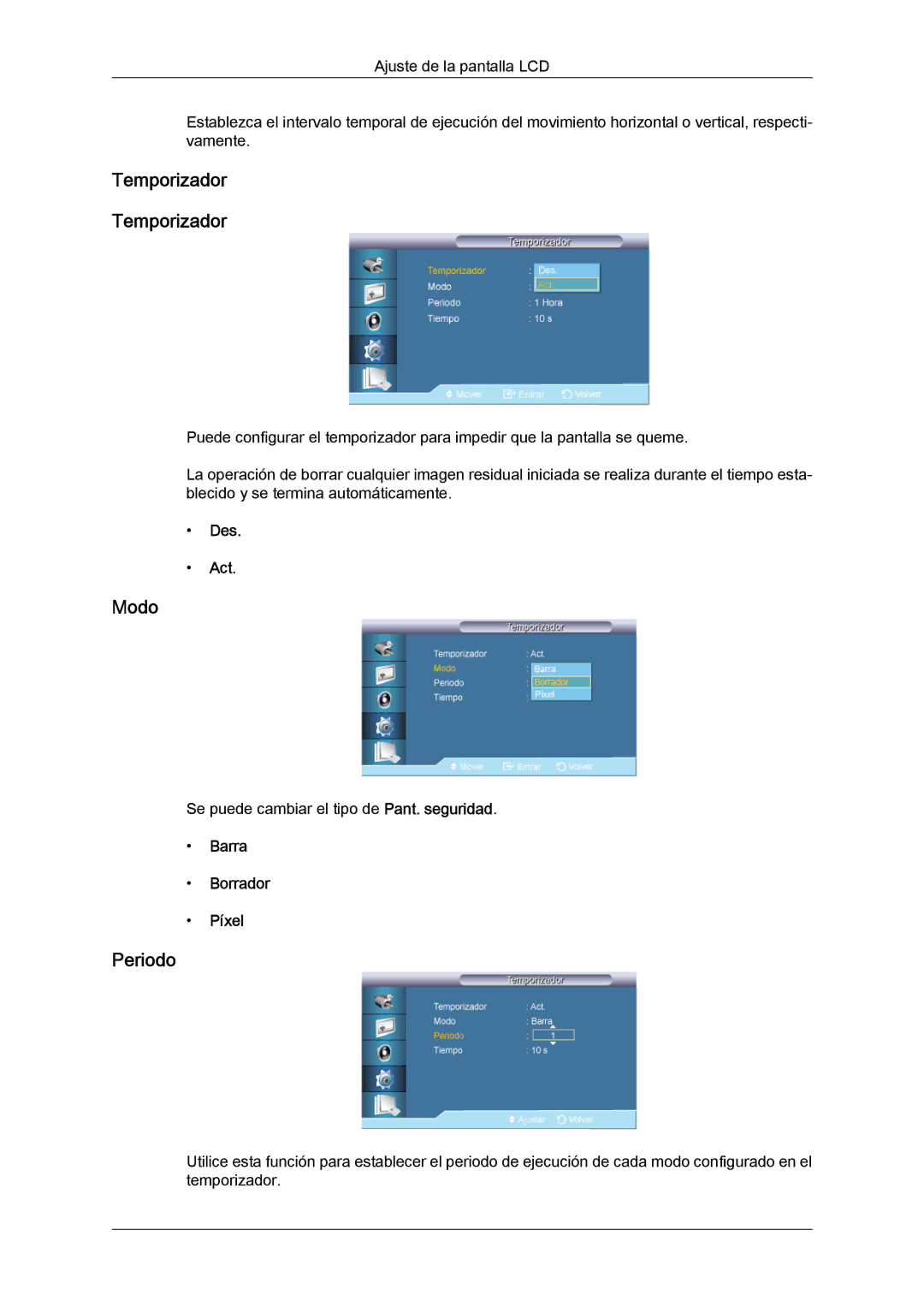 Samsung LH55CSPLBC/EN manual Temporizador, Periodo, Barra Borrador Píxel 