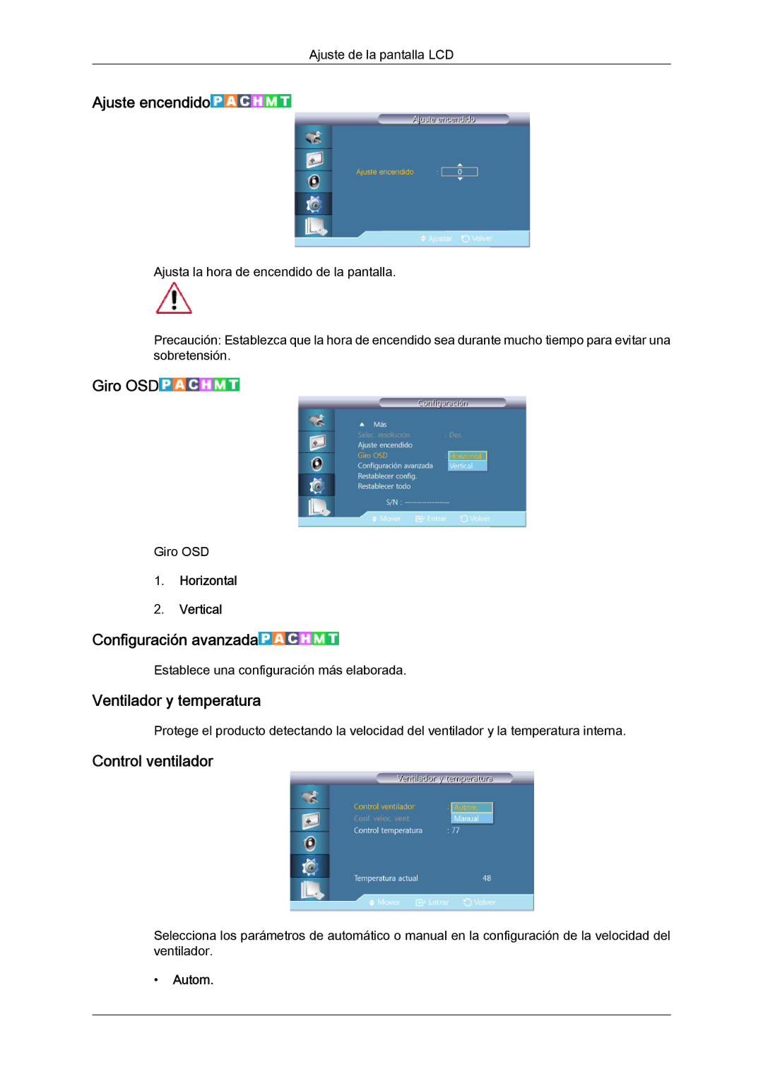 Samsung LH55CSPLBC/EN Ajuste encendido, Giro OSD, Configuración avanzada, Ventilador y temperatura, Control ventilador 