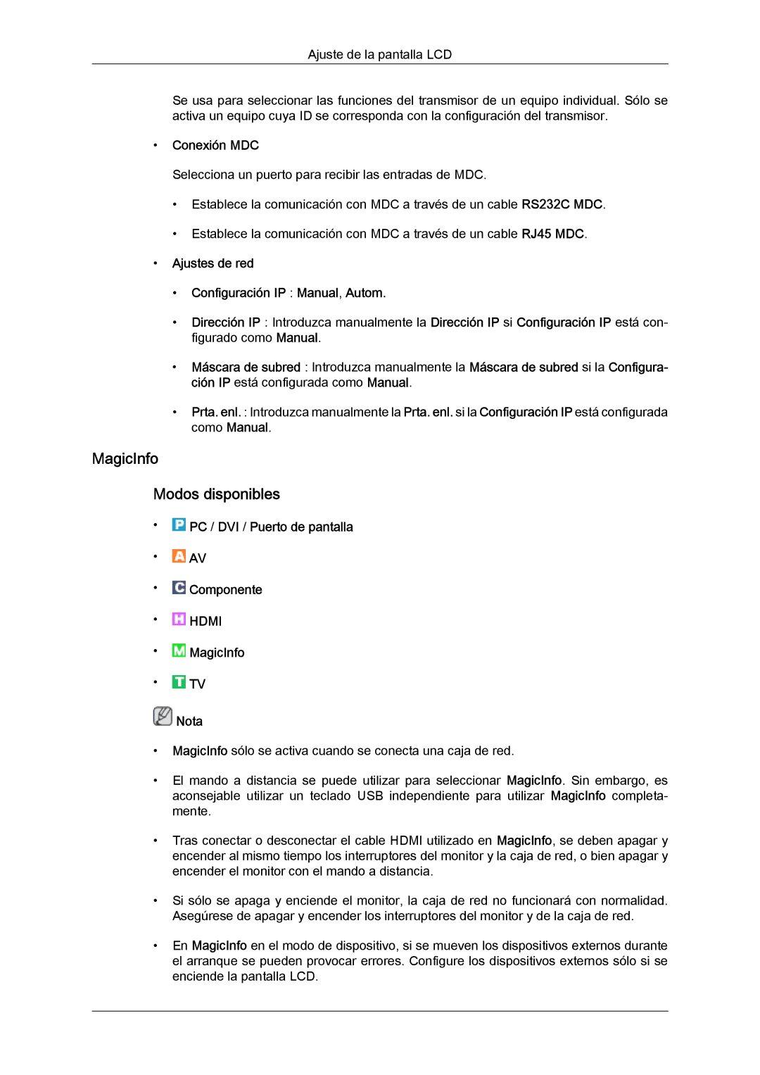 Samsung LH55CSPLBC/EN manual MagicInfo Modos disponibles, Conexión MDC 