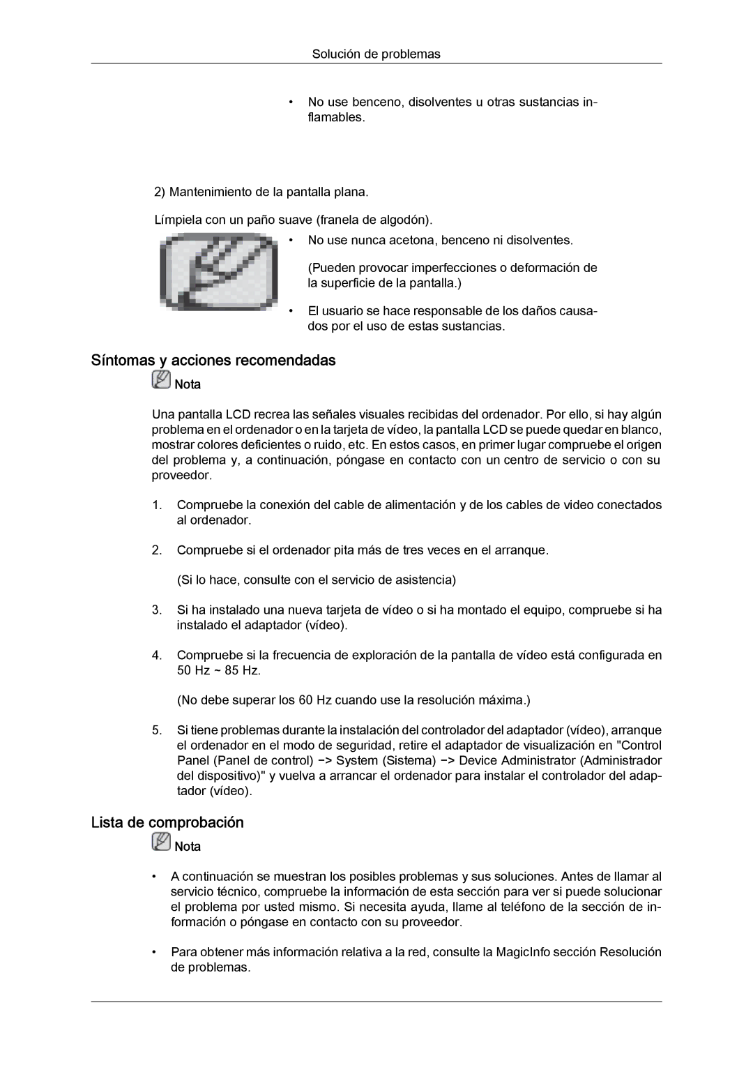 Samsung LH55CSPLBC/EN manual Síntomas y acciones recomendadas, Lista de comprobación 