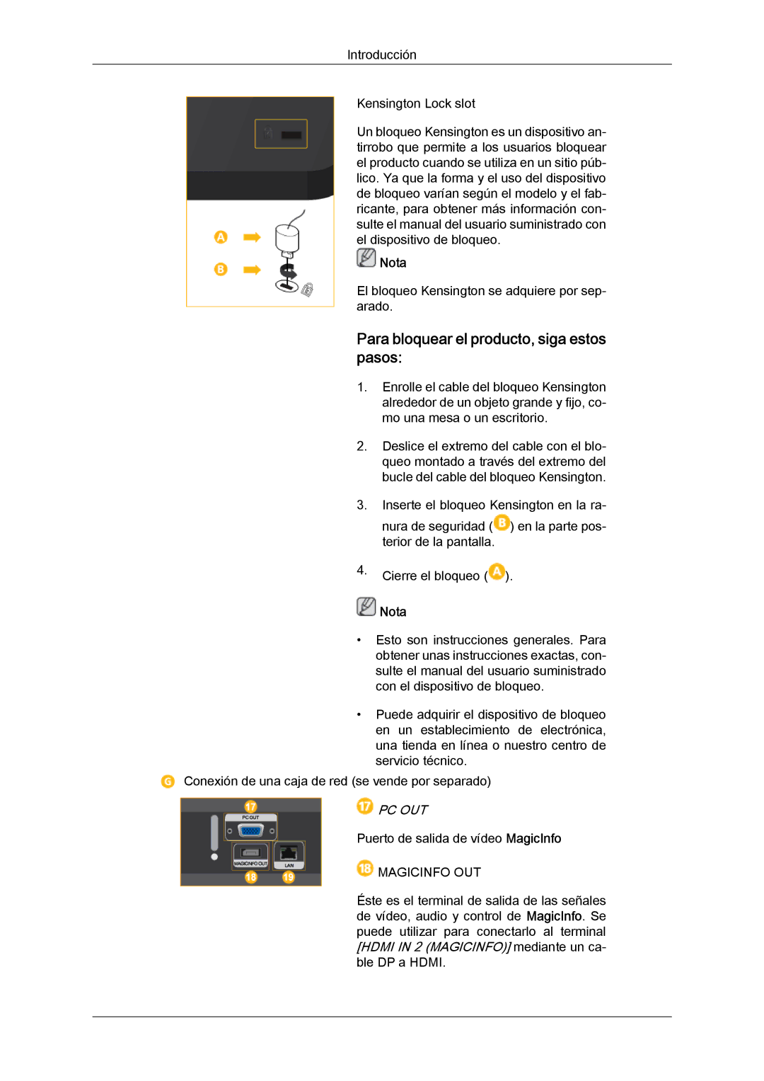 Samsung LH55CSPLBC/EN manual Para bloquear el producto, siga estos pasos, Pc Out 