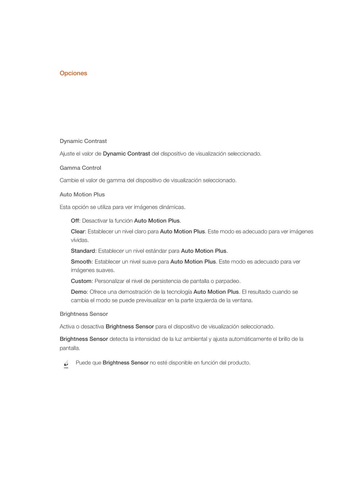 Samsung LH55CSPLBC/EN manual Opciones, Dynamic Contrast, Auto Motion Plus, Brightness Sensor 