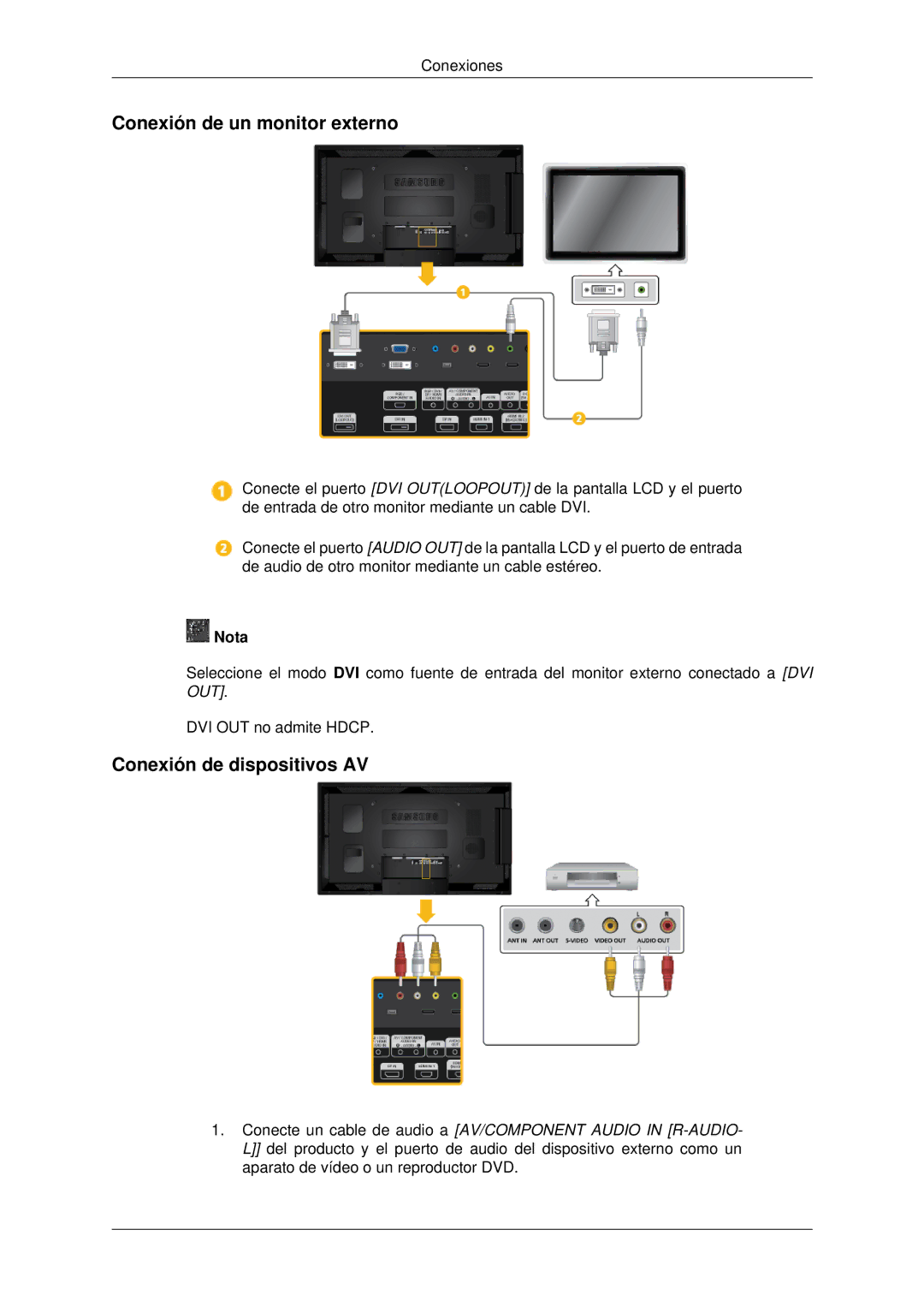 Samsung LH55CSPLBC/EN manual Conexión de un monitor externo, Conexión de dispositivos AV 