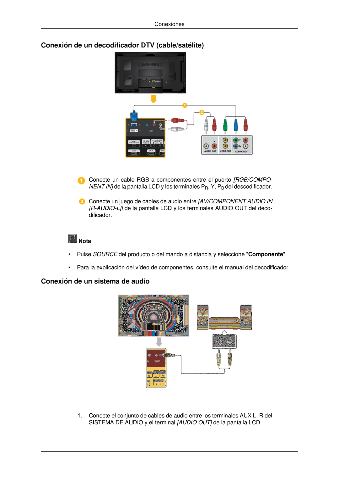 Samsung LH55CSPLBC/EN manual Conexión de un decodificador DTV cable/satélite, Conexión de un sistema de audio 