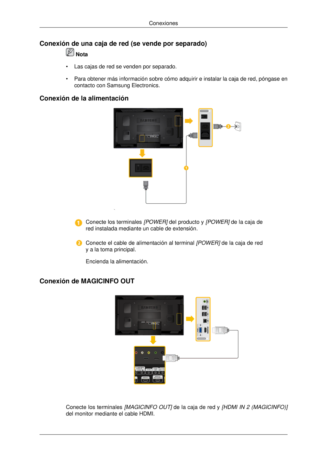 Samsung LH55CSPLBC/EN manual Conexión de una caja de red se vende por separado, Conexión de la alimentación 