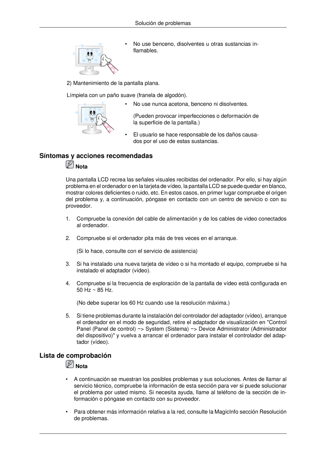 Samsung LH55CSPLBC/EN manual Síntomas y acciones recomendadas, Lista de comprobación 