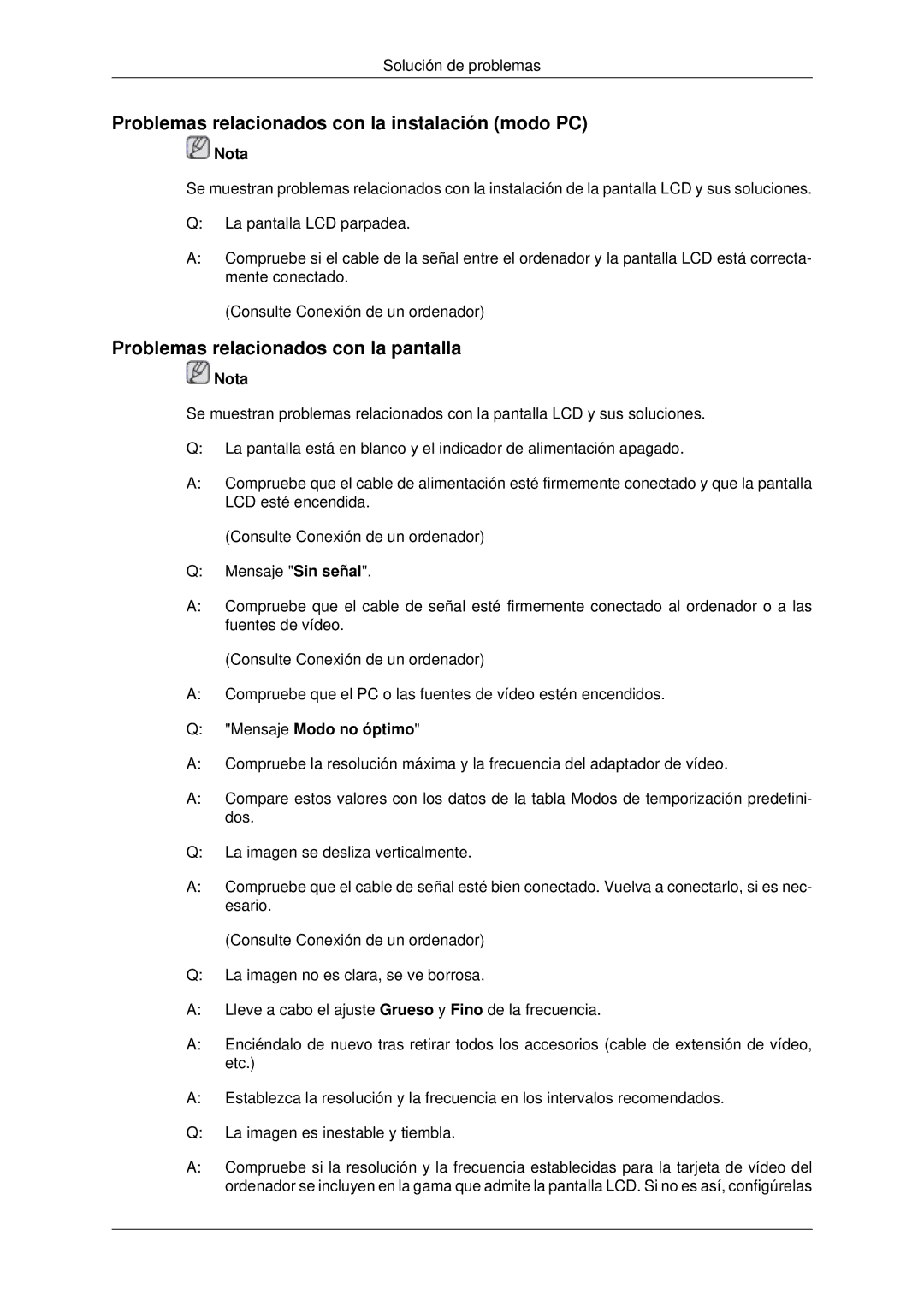 Samsung LH55CSPLBC/EN manual Problemas relacionados con la instalación modo PC, Problemas relacionados con la pantalla 