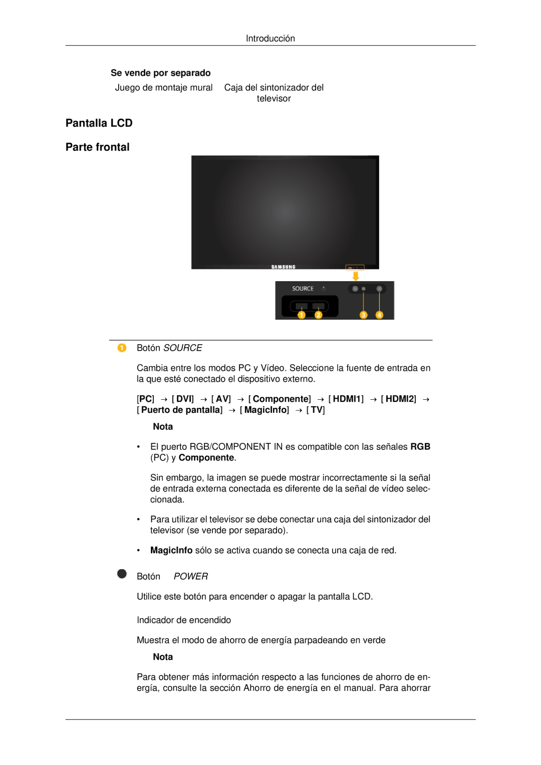 Samsung LH55CSPLBC/EN manual Pantalla LCD Parte frontal 