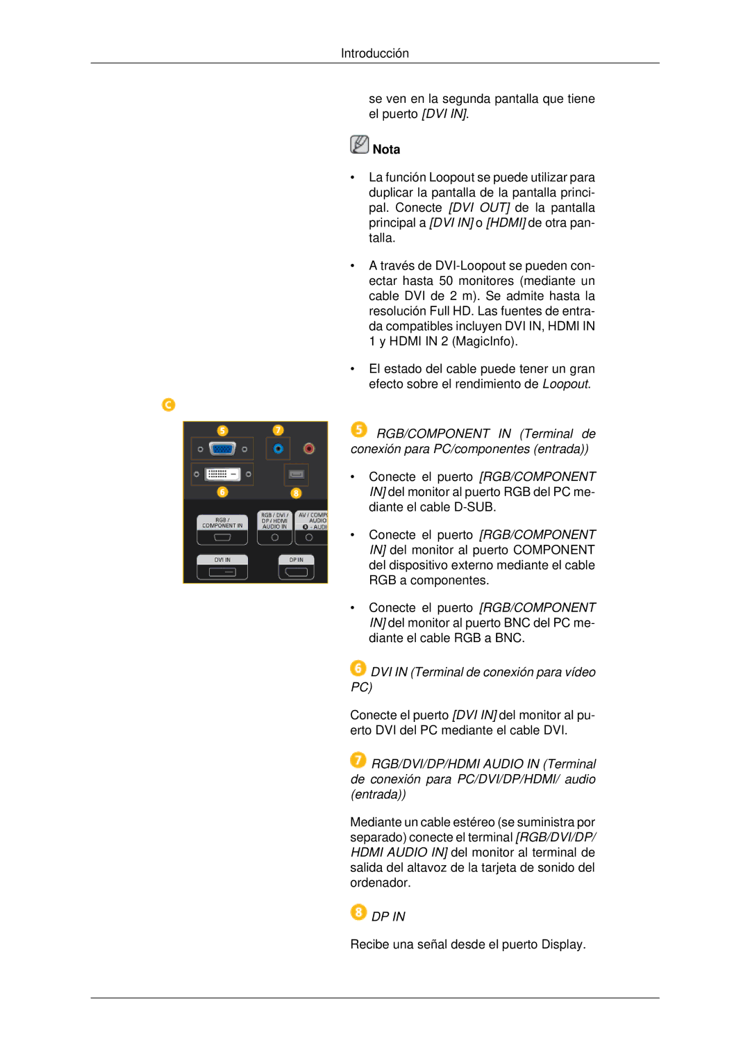 Samsung LH55CSPLBC/EN manual DVI in Terminal de conexión para vídeo PC 