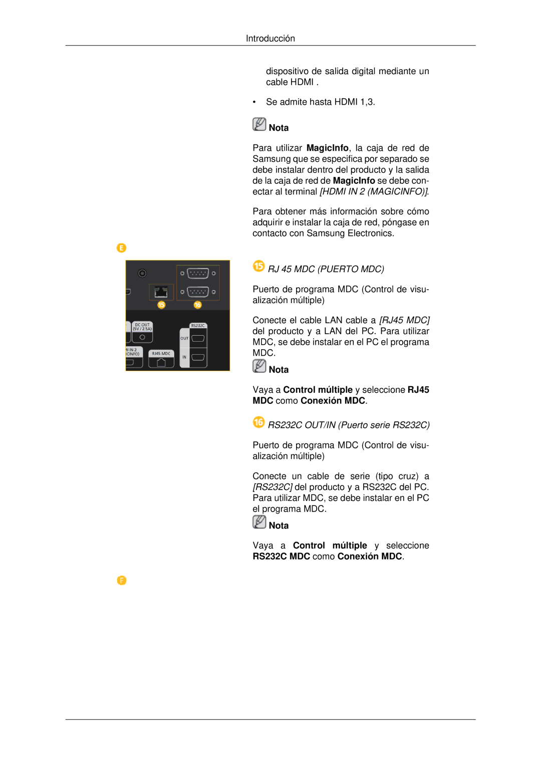 Samsung LH55CSPLBC/EN manual RJ 45 MDC Puerto MDC, RS232C OUT/IN Puerto serie RS232C 