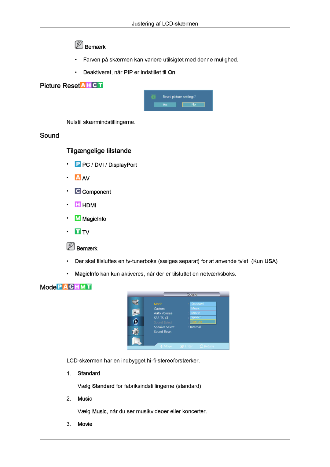 Samsung LH55CSPLBC/EN manual Sound Tilgængelige tilstande, Music 