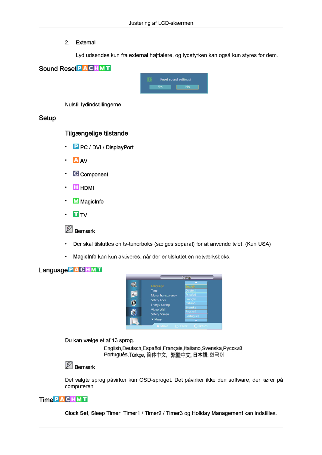 Samsung LH55CSPLBC/EN manual Sound Reset, Setup Tilgængelige tilstande, Language, Time, External 