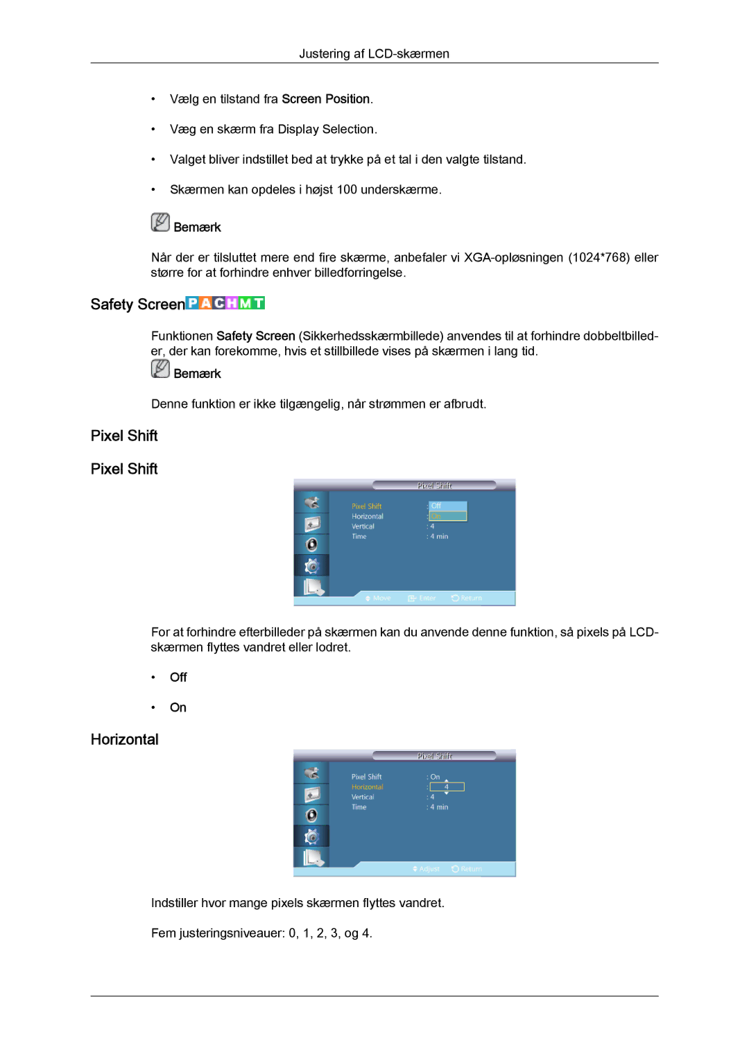 Samsung LH55CSPLBC/EN manual Safety Screen, Pixel Shift 