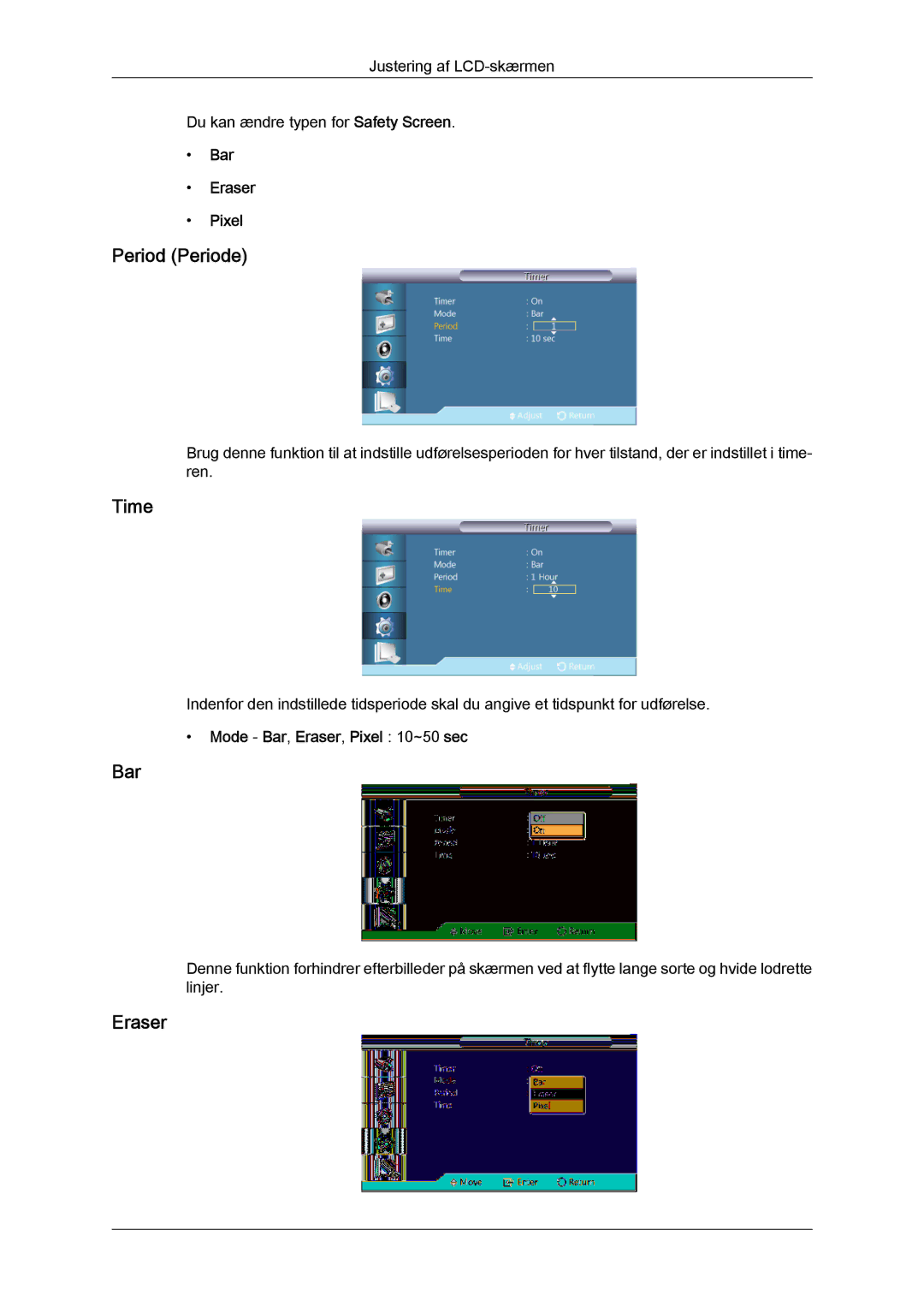 Samsung LH55CSPLBC/EN manual Period Periode, Bar Eraser Pixel, Mode Bar, Eraser, Pixel 10~50 sec 