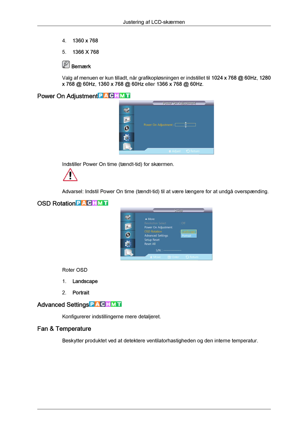 Samsung LH55CSPLBC/EN manual Power On Adjustment, OSD Rotation, Advanced Settings, Fan & Temperature 