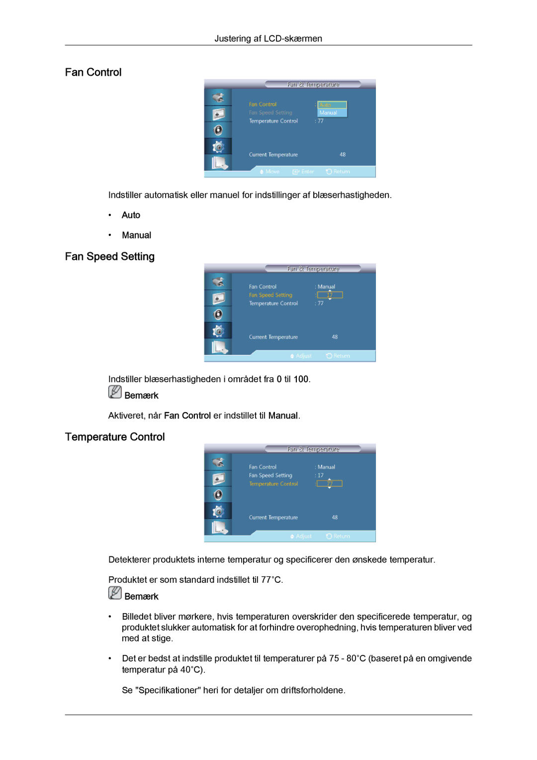 Samsung LH55CSPLBC/EN manual Fan Control, Fan Speed Setting, Temperature Control, Auto Manual 