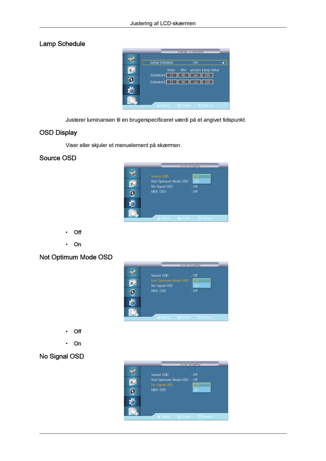 Samsung LH55CSPLBC/EN manual Lamp Schedule, OSD Display, Source OSD, Not Optimum Mode OSD, No Signal OSD 