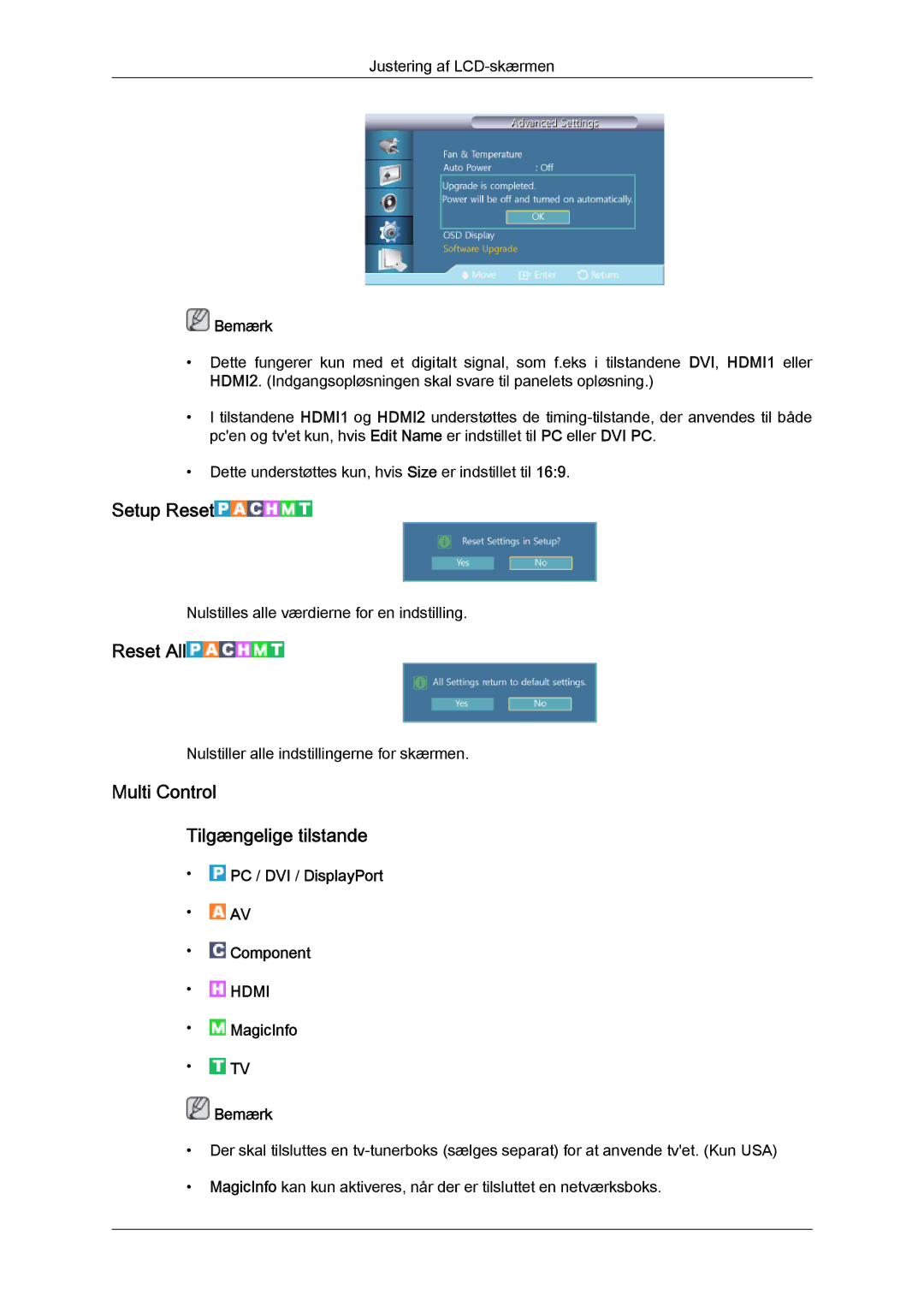 Samsung LH55CSPLBC/EN manual Setup Reset, Reset All, Multi Control Tilgængelige tilstande 